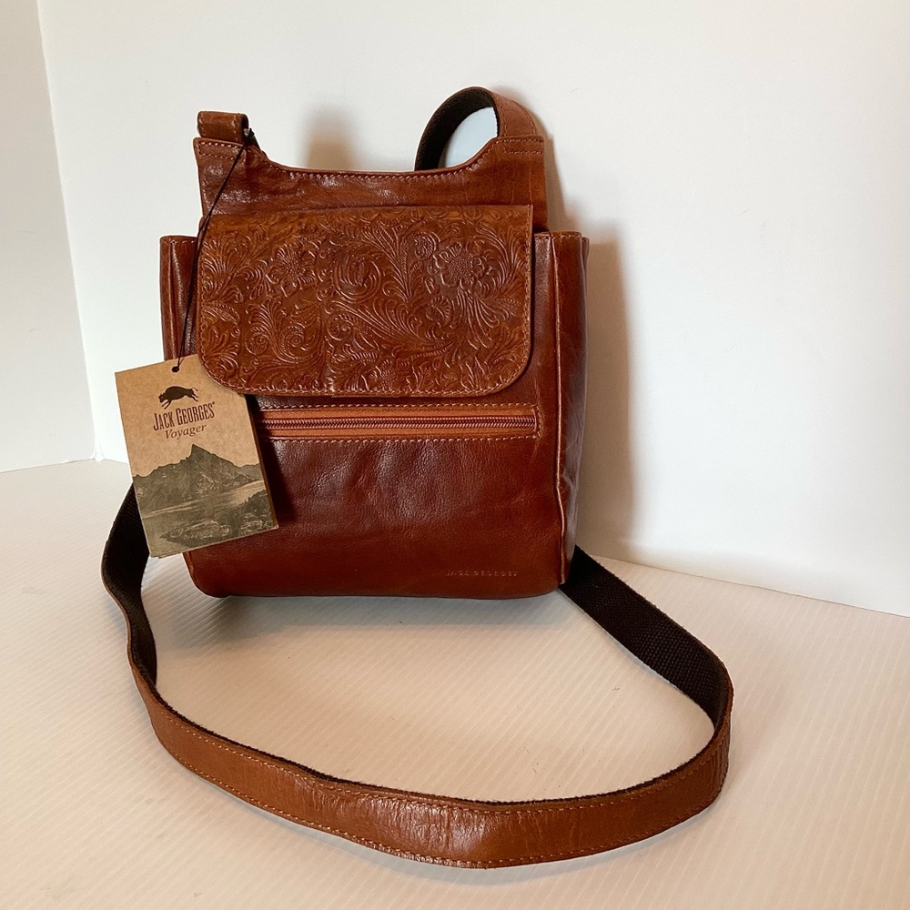 Jack Georges Voyager Slim Crossbody Honey Brown Embossed Leather FL831 NWT $195